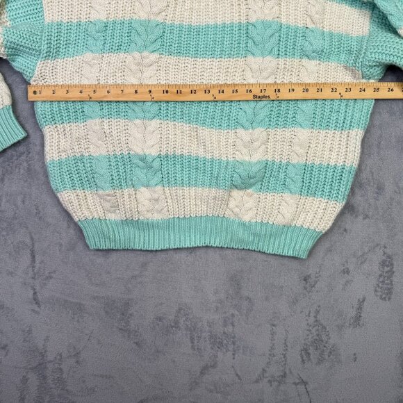 Gerard Works Sweater Womens M Vintage 80s Striped White Teal Chunky Cable Knit - Picture 6 of 11